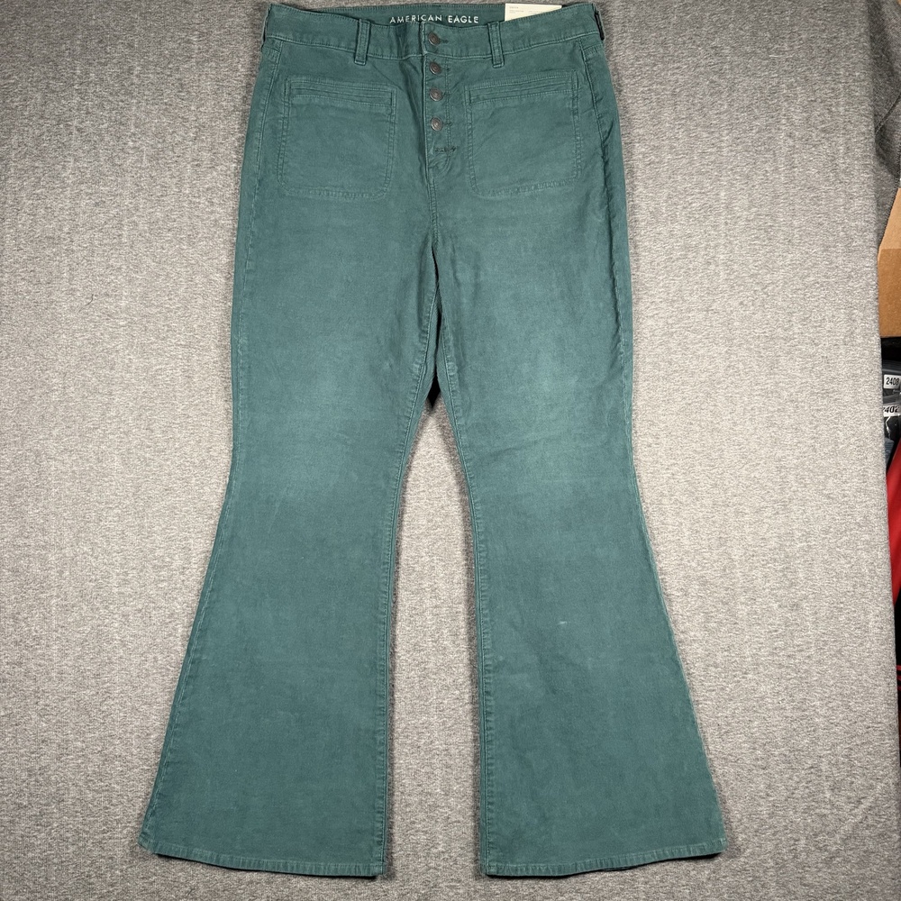 American Eagle Corduroy Pants Womens 16 Green Super High Rise Flare BoHo Stretch